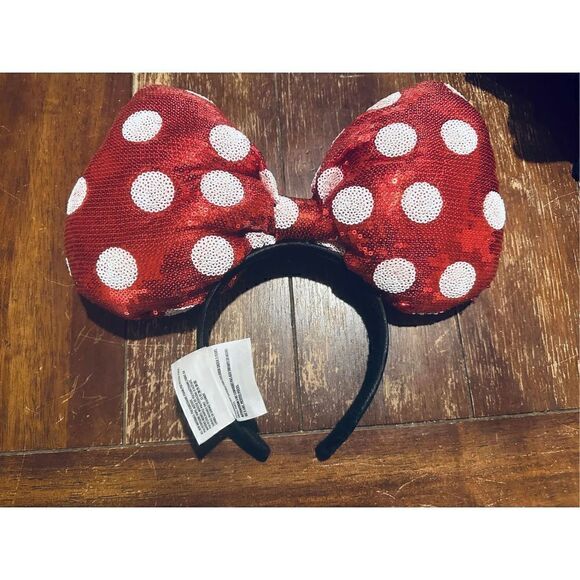 Disney Minnie Mouse Large Sequined aRed Polka Dot Bow Headband - Picture 5 of 6